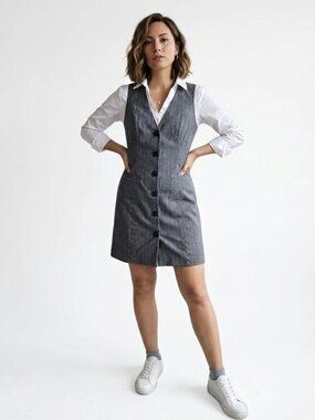 Gray Button Down Vest Dress - Pinstripe, business casual